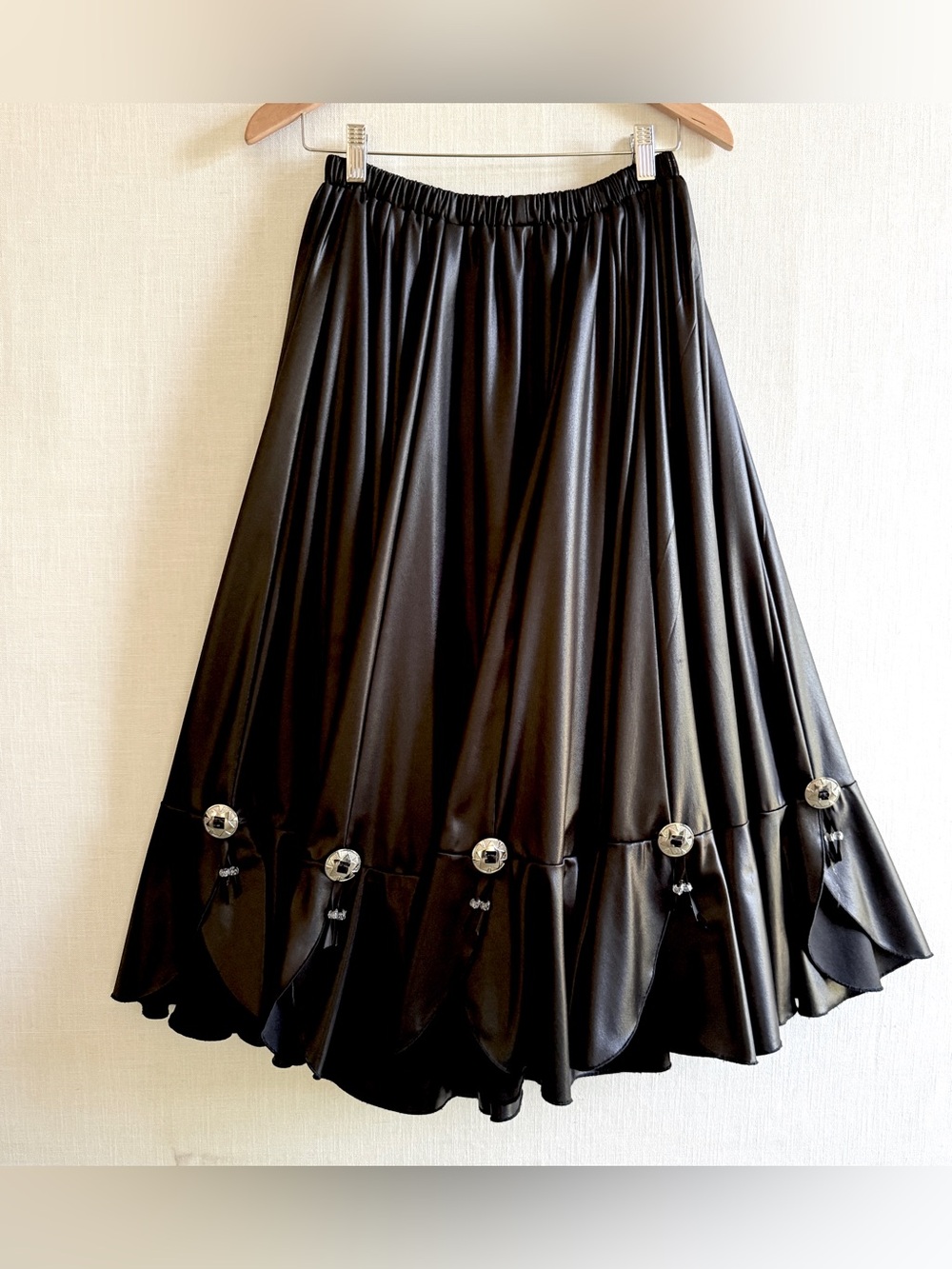 VTG Cross-Eyed Cricket Western Concho Skirt | Black Liquid Satin Tiered Ruffle 3